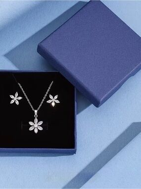 Silver Floral CZ Necklace and Earring Set - Silver